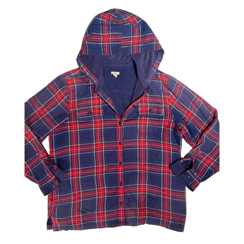 LL Bean Shirt Womens Blue Red Plaid Fleece Lined Hooded Flannel Shacket XL
